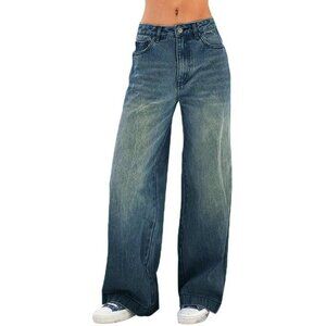 Women's Wide Leg Jeans Mid Waist Distressed Denim Pants Casual Y2K